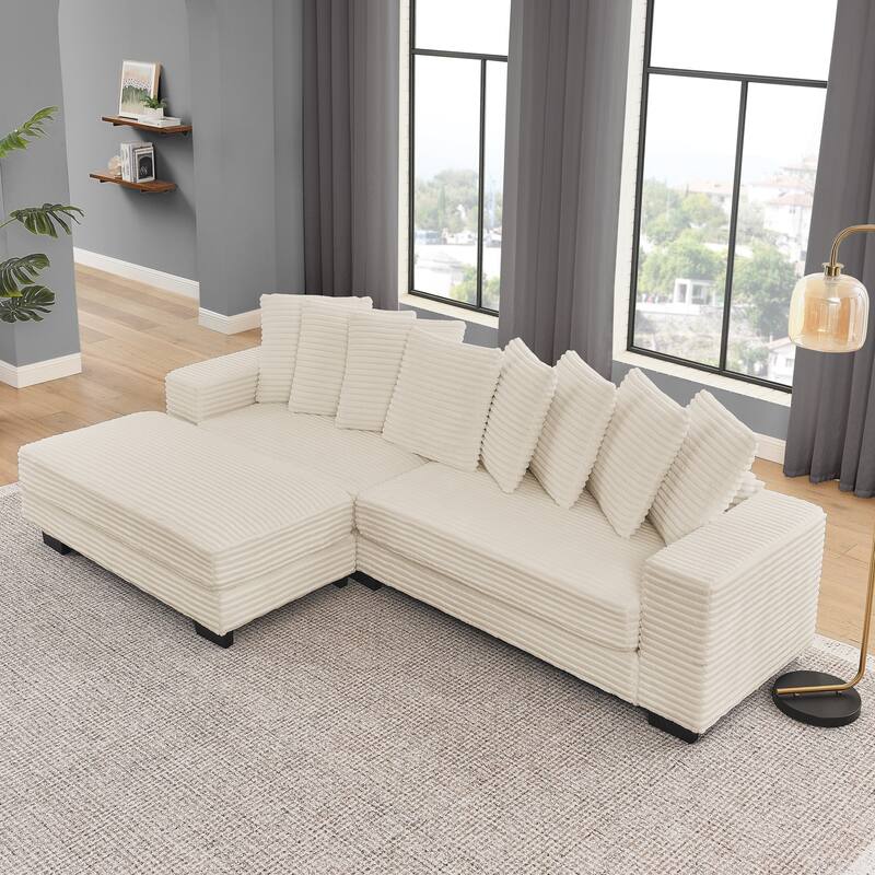 Roomfitters Corduroy Tufted Upholstered Sleeper Sectional Sofa, L-Shape Modular Convertible Sofa with Adjustable Footrests