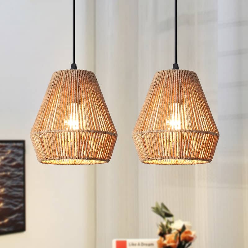 Boho Coastal 1-Light Hand-Woven Rattan Pendant Light for Kitchen Island Hallway (Set Of 2) - 7.28 in