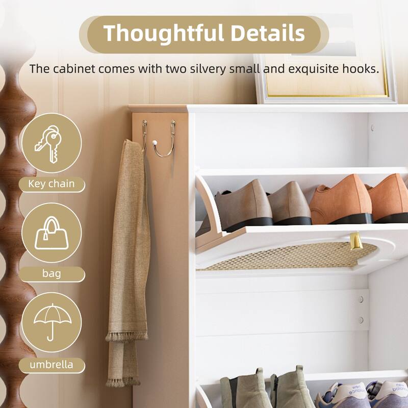 Mid-Century Narrow Tipping Bucket Shoe Cabinet with 4 Flip Drawers and Rattan Doors - 42.1" W × 8.3" D × 35.4" H