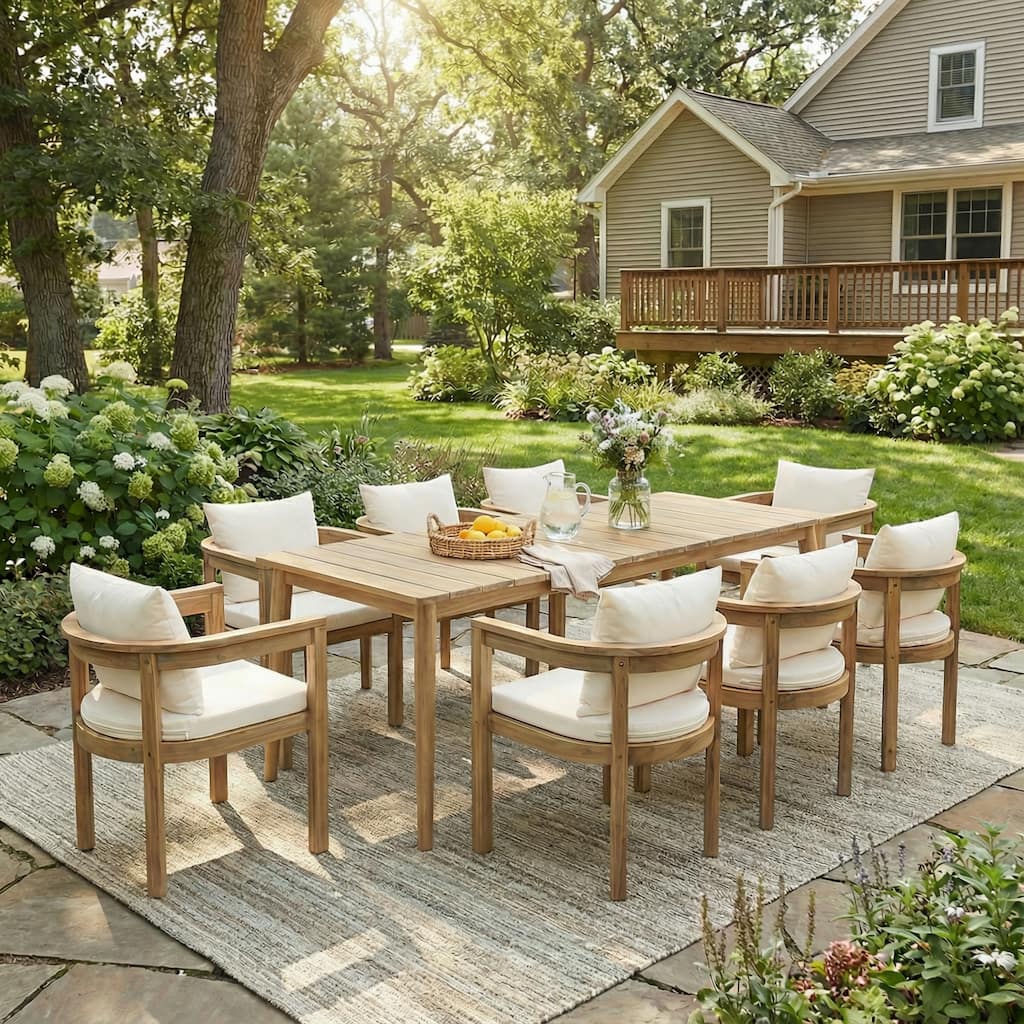 Christopher Knight Home - Outdoor Solid Acacia Wood 9-Piece Dining Set with Cushioned Chairs and Large Rectangular Table