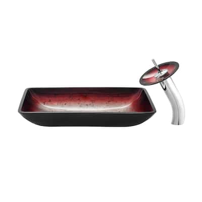 Vincennes Rectangular Glass Vessel Sink With Faucet, Ember Red - 22.2" x 14" 4.35"