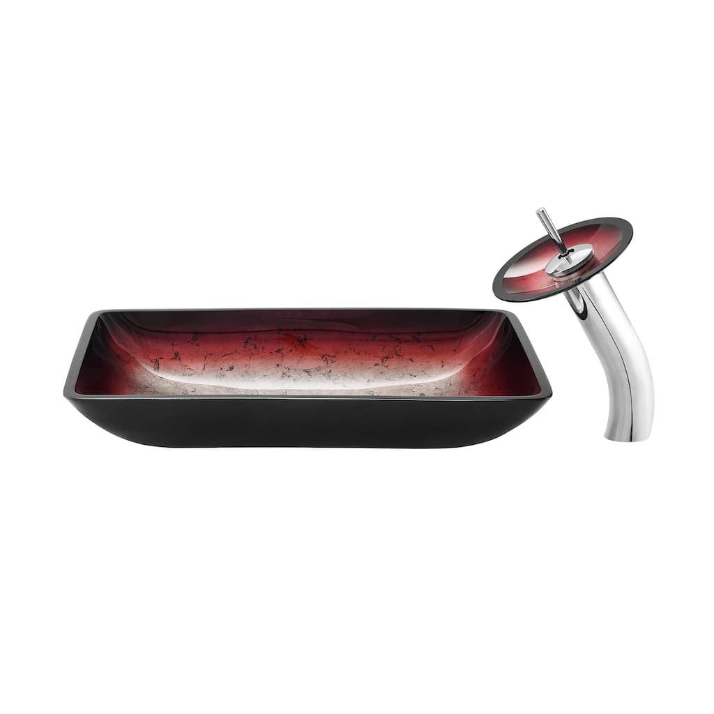 Vincennes Rectangular Glass Vessel Sink With Faucet, Ember Red - 22.2" x 14" 4.35"