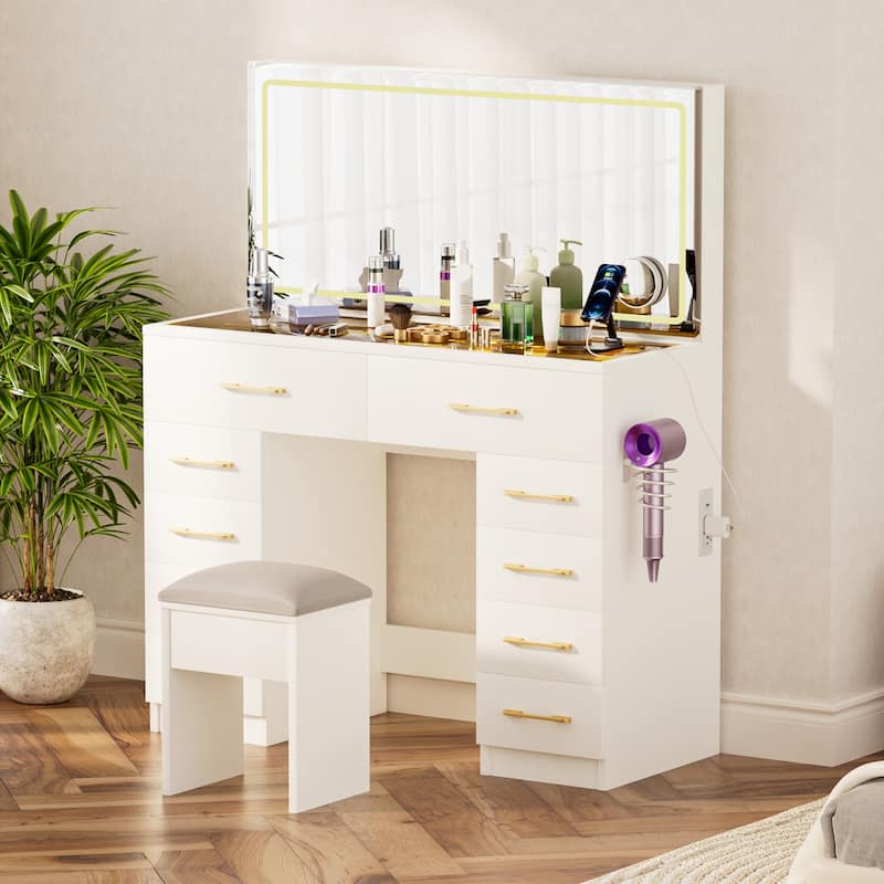 Glass Top Vanity Desk with Light Mirror & Power Outlet, Large Makeup Vanity Set, Dressing Table with 10 Drawers & Stool
