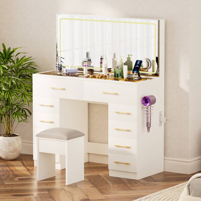 Large 46" Vanity Desk with Mirror and Stool, 10-Drawer Makeup Table with Lighting