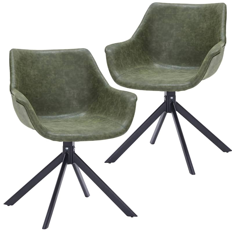 Markley Leather Swivel Dining Armchair with Black Iron Base - Accent Dining Chair for Kitchen and Dining Room Set of 2 - Green