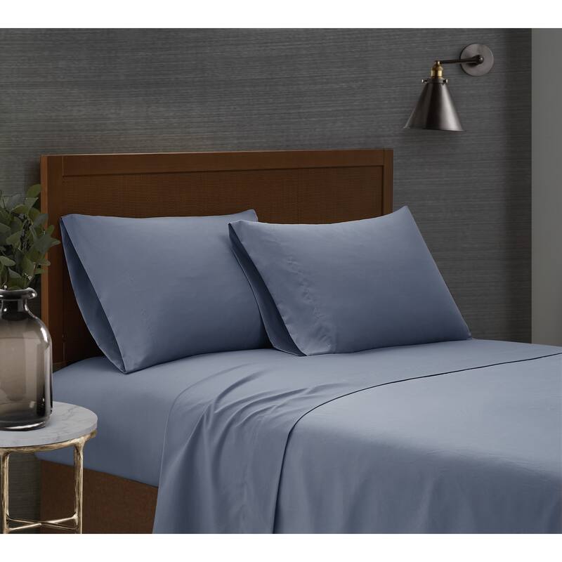 London Fog Garment Wash Solid Sheet Set - Blue - Queen