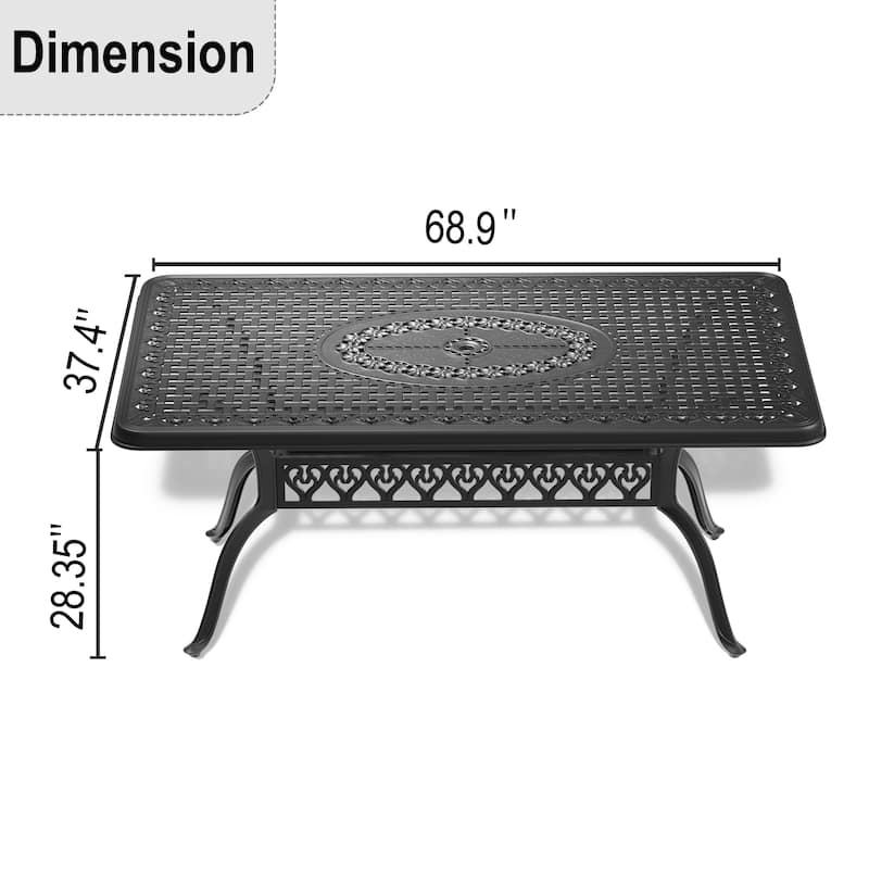 L68.9*W37.4-inch Cast Aluminum Patio Dining Table With Black Frame and Umbrella Hole