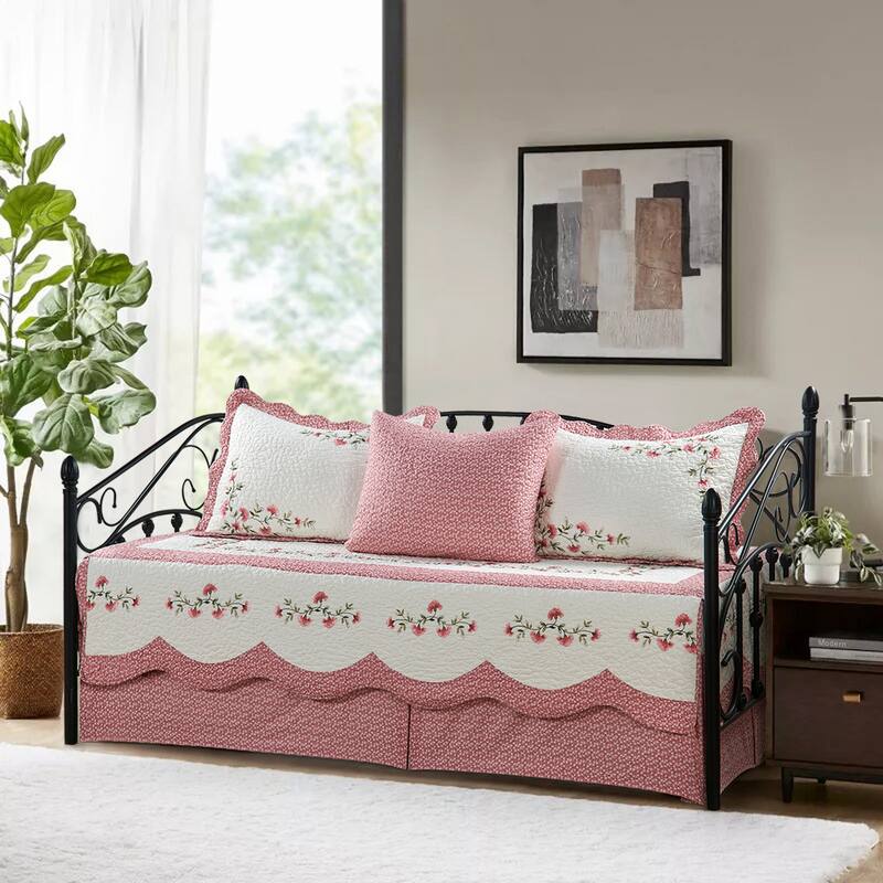 5 Piece Embroidered Daybed Cover Set with Bedskirt