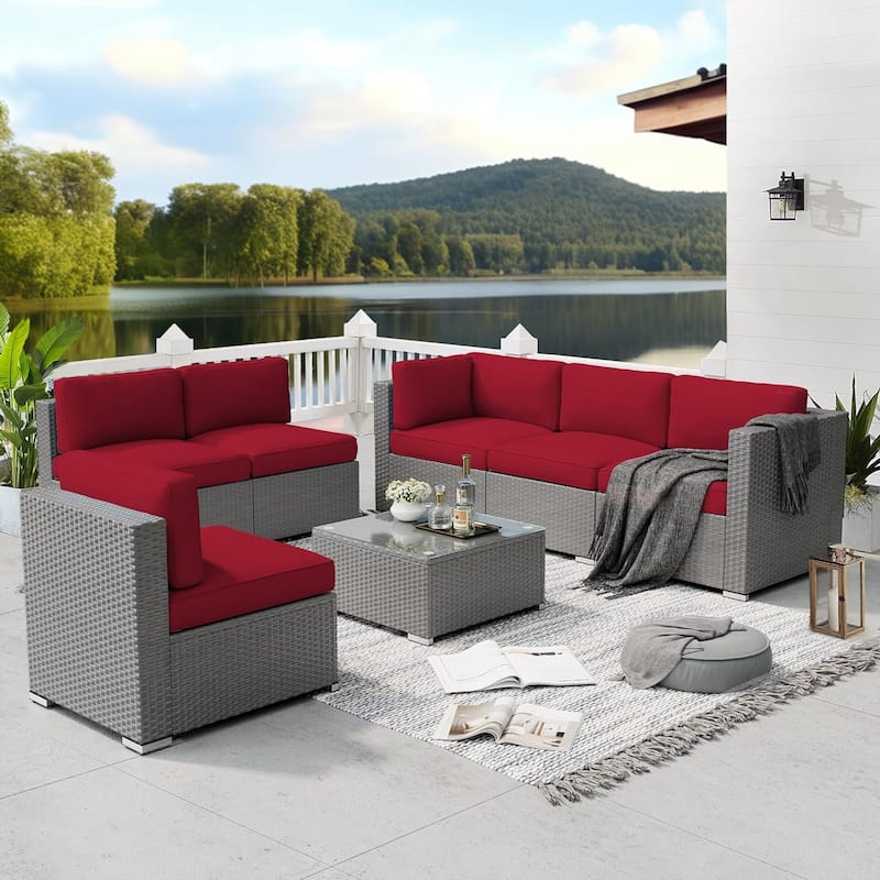 7-piece Outdoor Patio Grey Wicker Rattan Cushioned Sectional Sofa Conversation Set