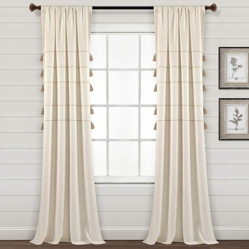 Lush Decor Farmhouse Boho Stripe Woven Tassel Yarn Dyed Cotton Window Curtain Panel Pair - 84 Inches - Ivory & Wheat