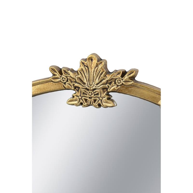 Round Gold Finish Wall Mirror - Decorative Leaf Crest
