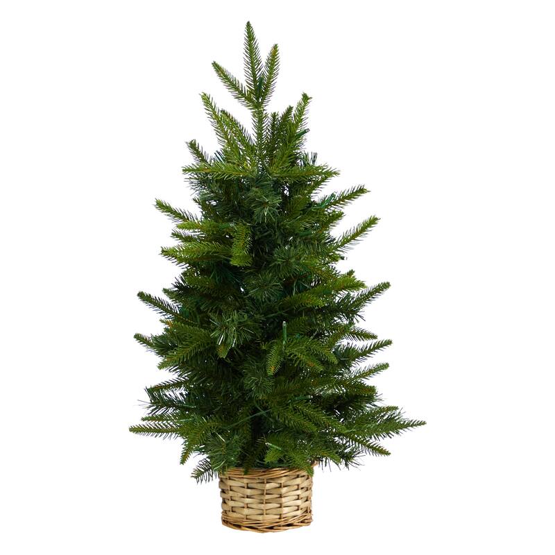 2ft. Artificial Christmas Tree with 35 Clear LED Lights in Decorative Basket - Petite Festive X-Mas Accent for Home Décor