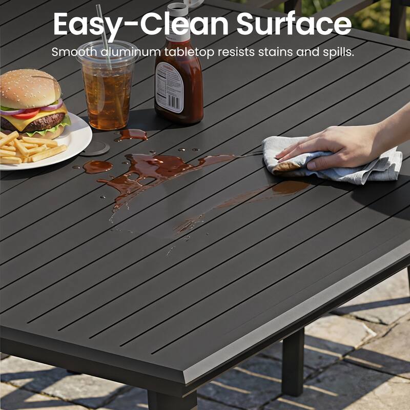 9-Piece Outdoor Patio Dining Set All-Weather Aluminum Square Table with Umbrella Hole and Cushioned Rattan Chairs