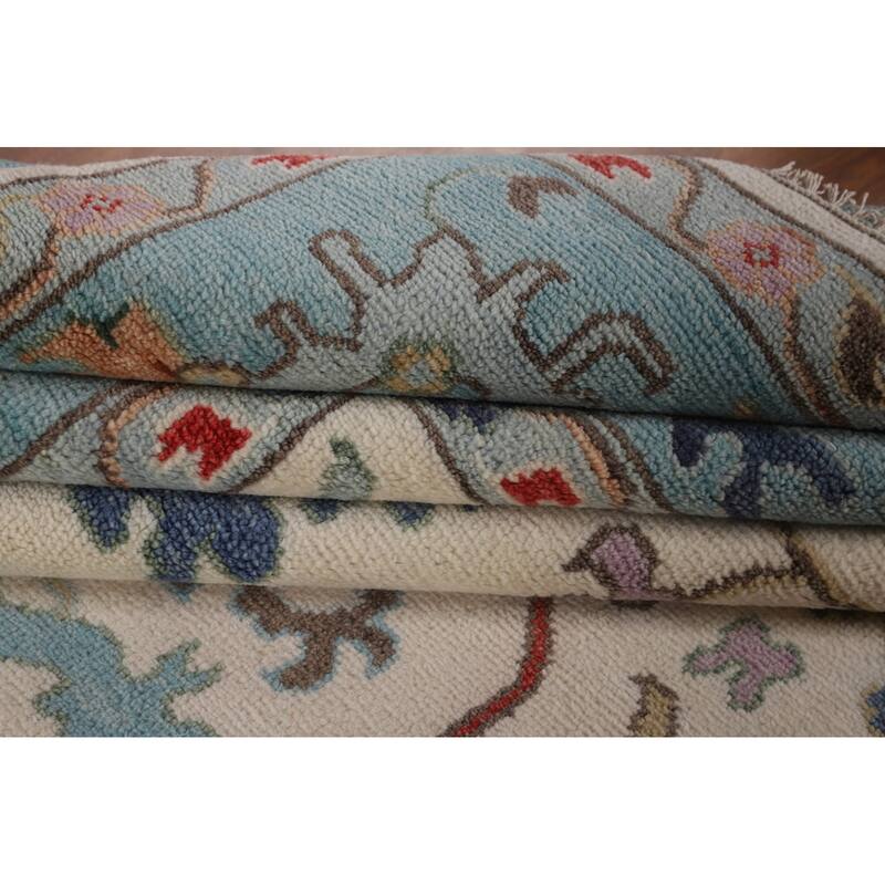 Beige / Ivory Floral Oushak Area Rug Hand-Knotted Wool Carpet - 9'1" x 11'9"