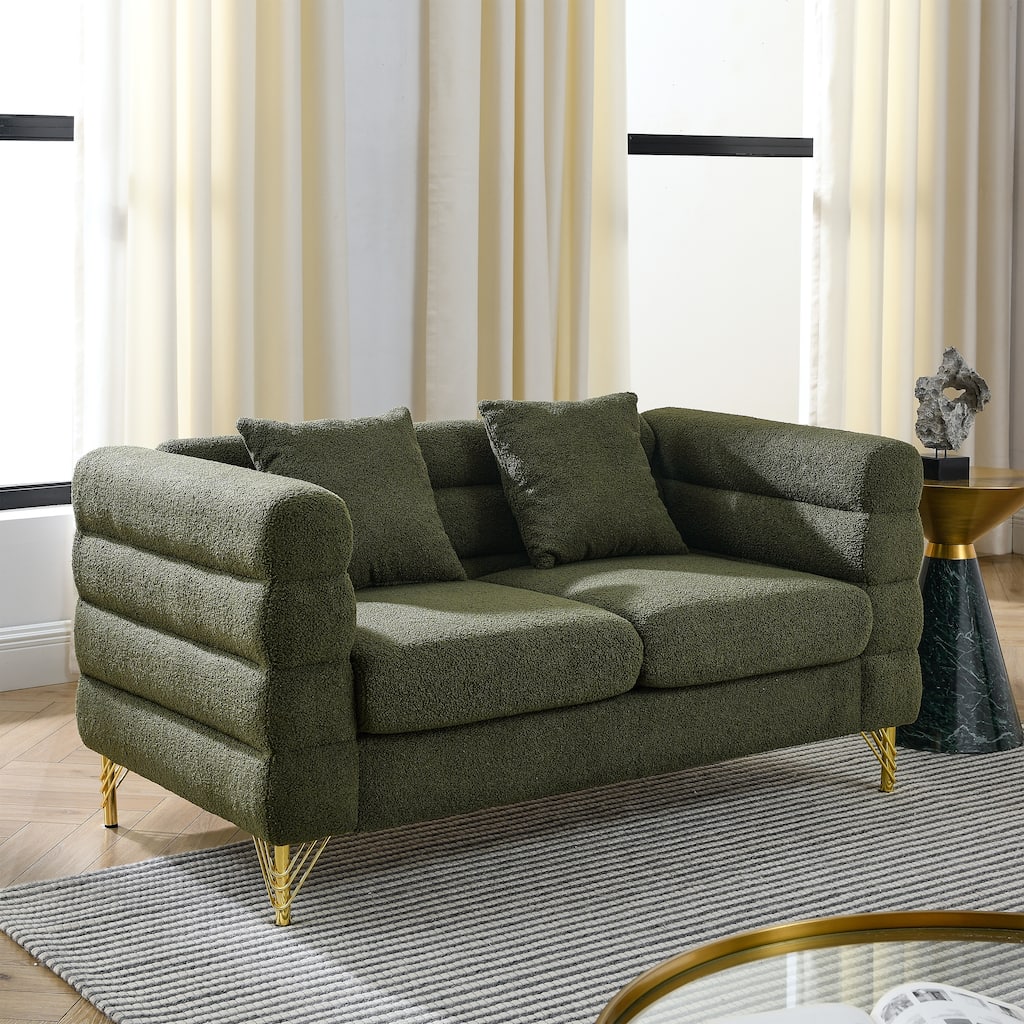 60Inch 2 Seater Green Fabric Sectional Sofa with 2 Pillows