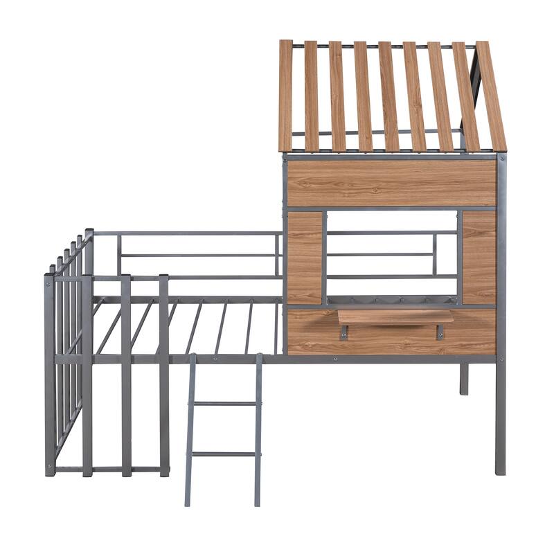 House-shaped Twin Loft Bed with Roof, Window, Guardrail, Ladder - Silver