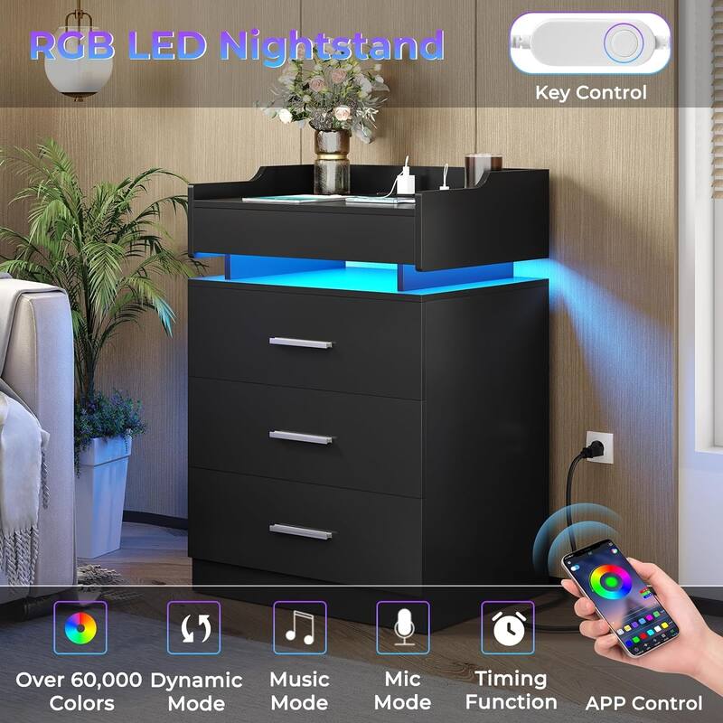 Nightstand with Charging Station and LED Lights 3 Drawers