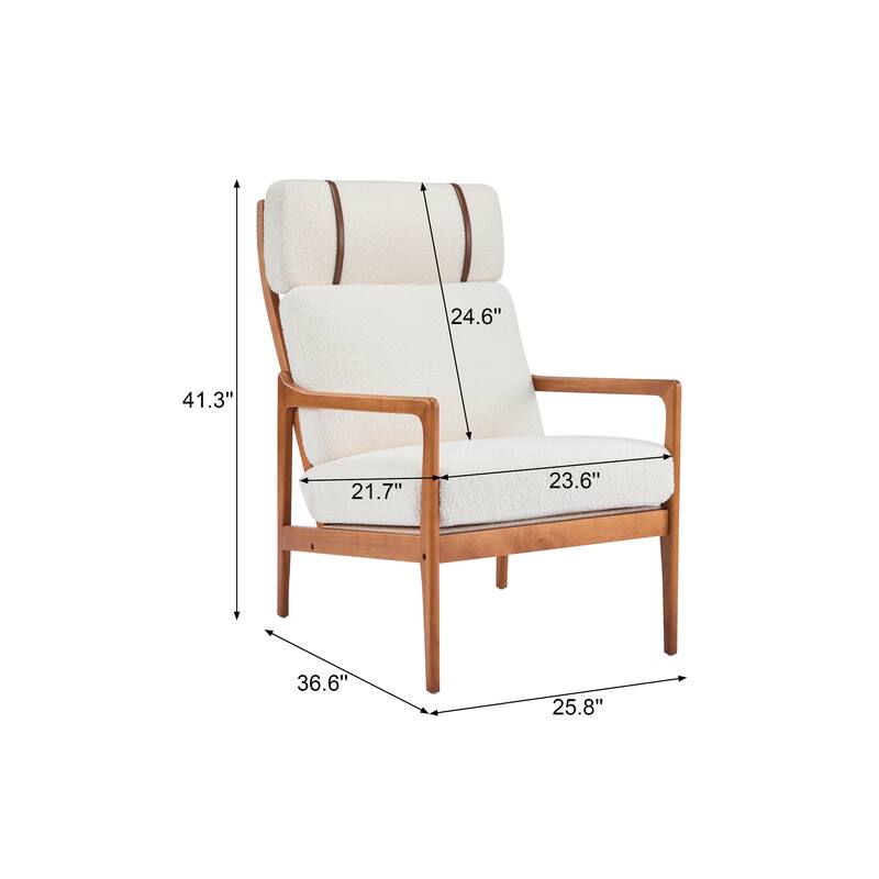 Mid Century Modern Accent Armchair, Solid Wood Frame with High Back, Beige Upholstered Cushions, Ergonomic Lounge Chair