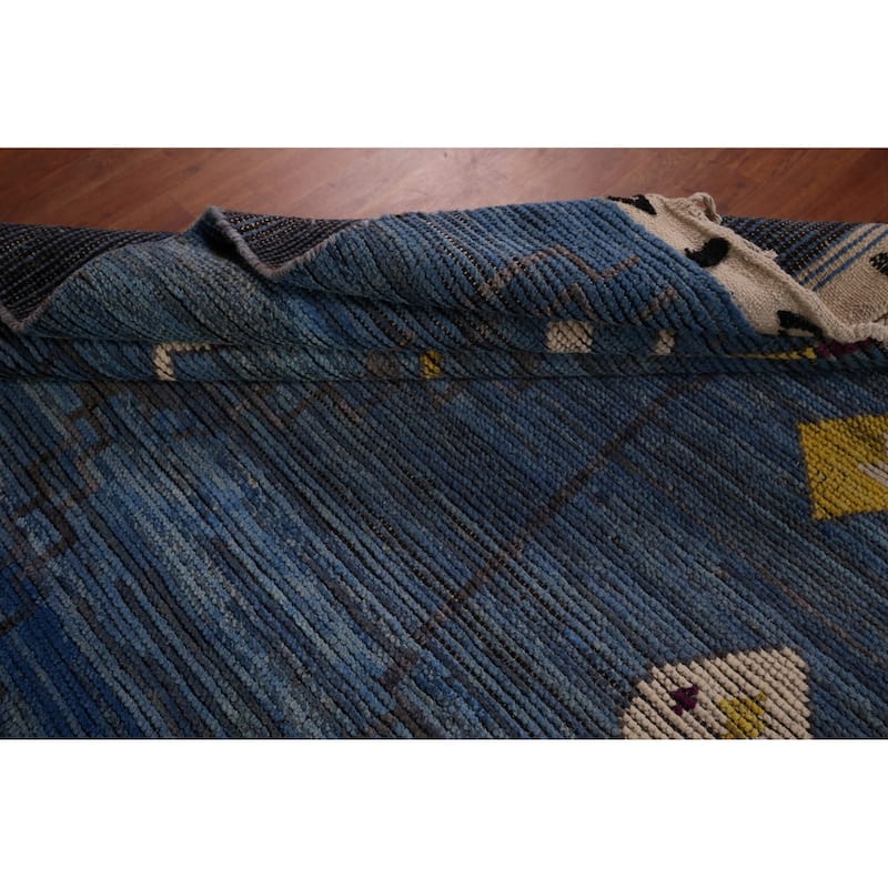 Blue Geometric Moroccan Large Area Rug Hand-Knotted Wool Carpet - 12'1"x 18'5"