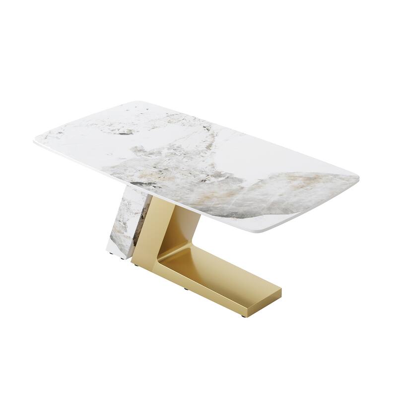 Rectangle Dining Table Faux Marble Tabletop Sintered Stone Panel with Stainless Steel Pedestal