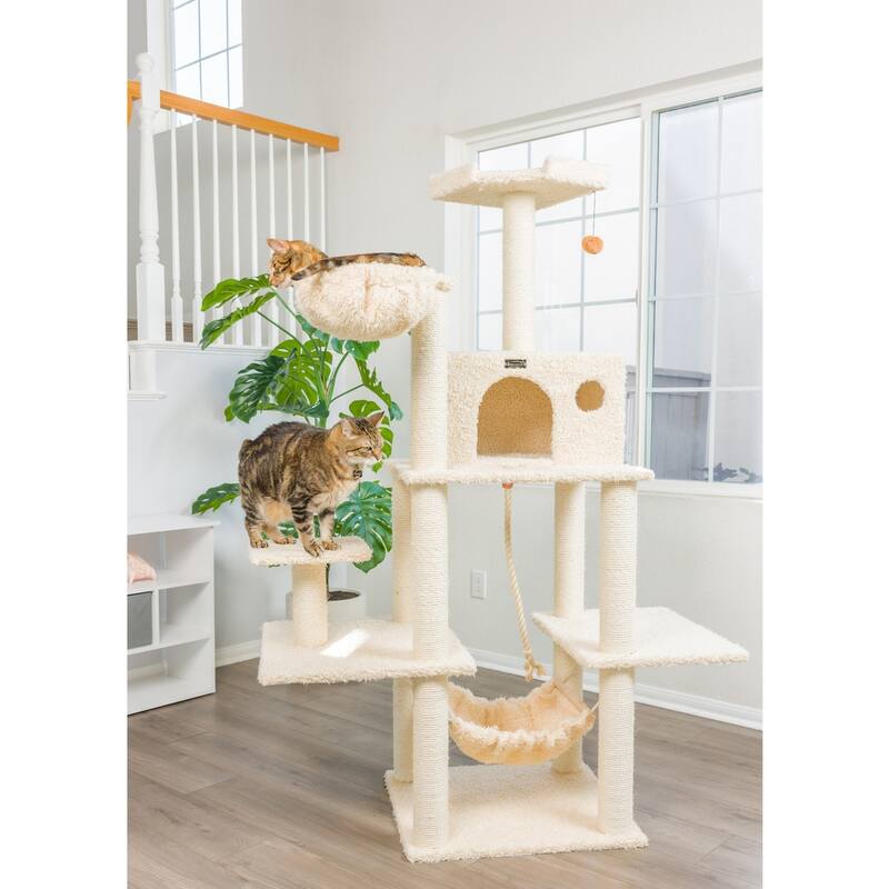 Mult -Level Real Wood Cat Tree Hammock Bed, Climbing Center for Cats - Beige