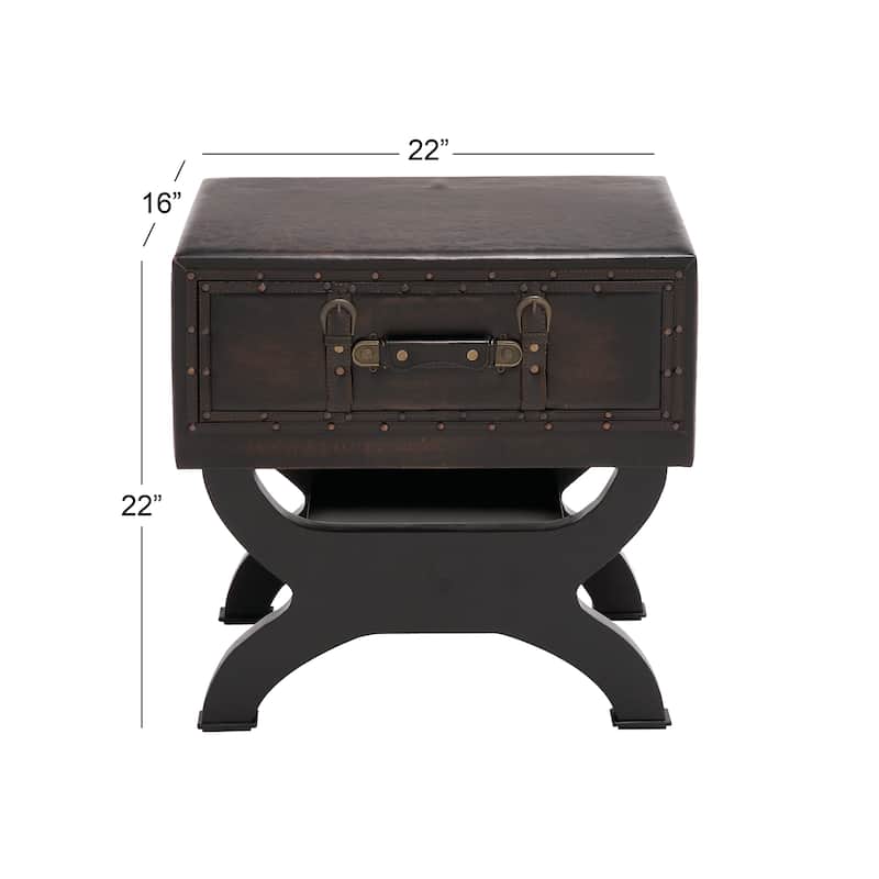 Brown Faux Leather Vintage Style Single Drawer Accent Table with Curved Legs