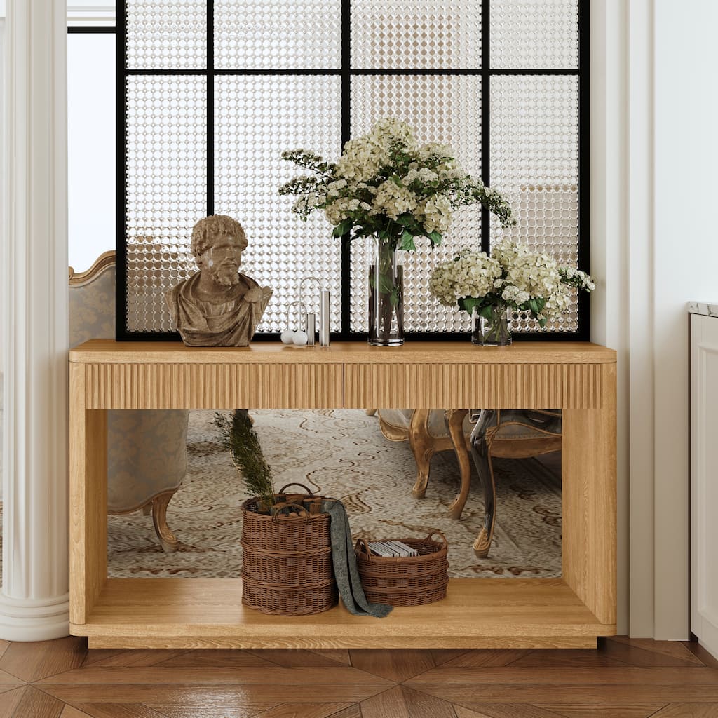 60" Modern Storage Entryway Console Table with 2 Fluted Drawers and Bottom Shelf, Wooden Sofa Side Table Behind Couch Table