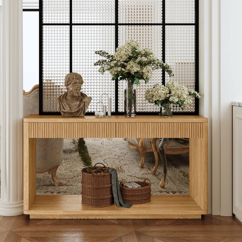 Modern Fluted Console Table with 2 Drawer, 60" Entryway Table Sofa Table Behind Couch with Open Storage for Living Room
