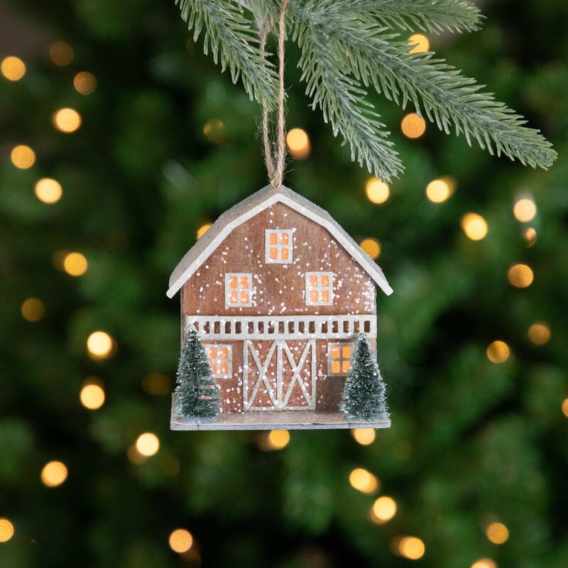 4" Battery Operated Lighted Rustic House with Trees Christmas Ornament