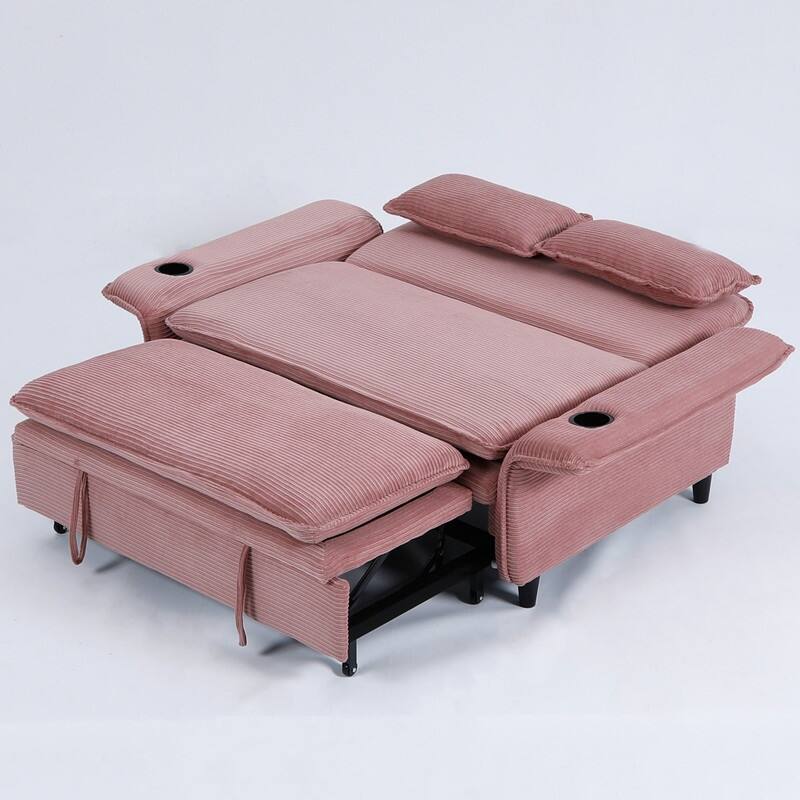 65.7" Corduroy Upholstered Pull-out Sofa With Cup Holder