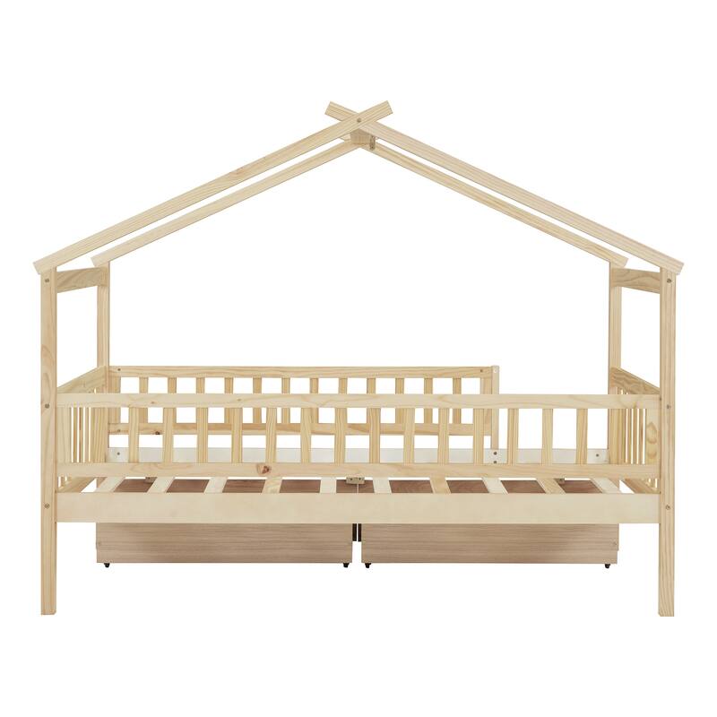 Twin Size House Bed with Two Drawers and Roof Design, Pine Wood Frame
