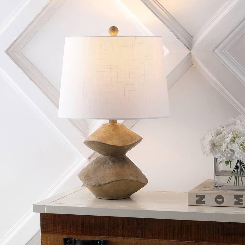 Leif 24.5" Minimalist Coastal Resin/Iron Cairn LED Table Lamp, Brown Wood Finish by JONATHAN Y