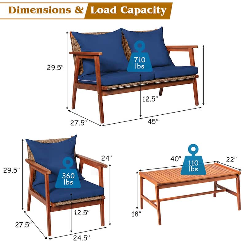 Costway 4PCS Patio Rattan Furniture Set Acacia Wood Frame Cushioned - See details