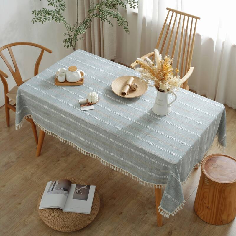 Enova Home High Quality Rectangle Cotton Linen Washable Tablecloth Stripe with Tassel for Home Party Wedding Dining Table