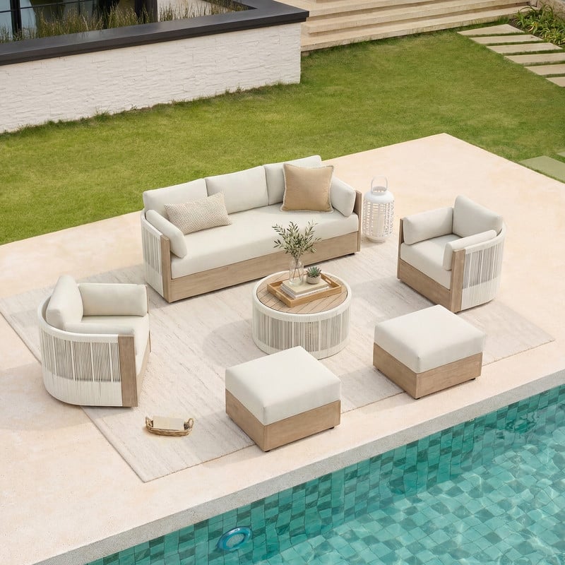 Spruce & Spring Khloe Wood Patio Furniture Outdoor 3 Seat Sofa Swivel Chair