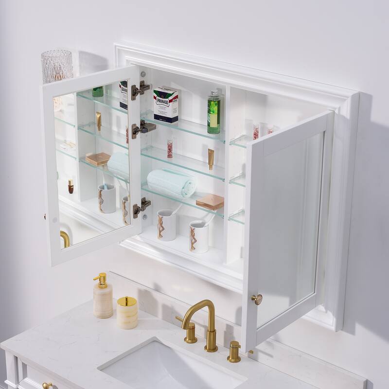 32''H Recessed Mount Solid Wood Framed Medicine Cabinet With Mirror and Shelves