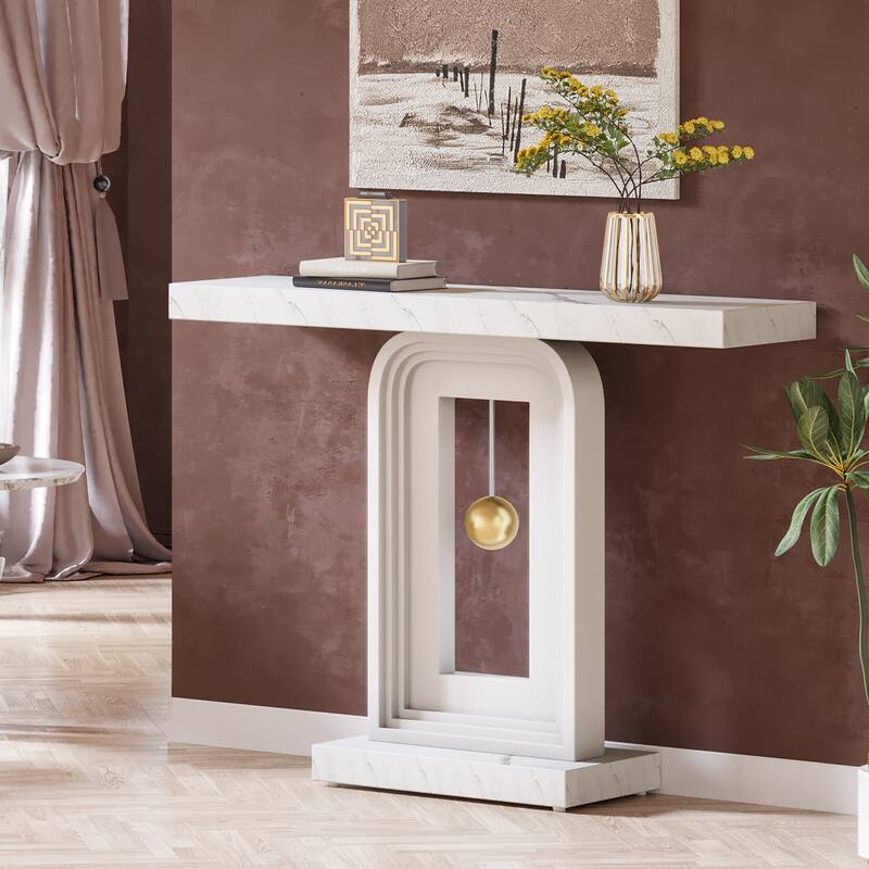 Modern Console Table with Geometric Base, 39.4 inch Narrow Sofa Table with Gold Decor for Living Room Entryway Hallway Entrance
