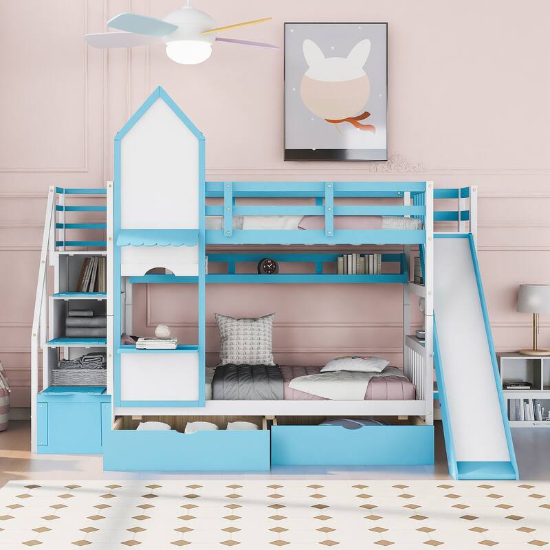 Twin-Over-Twin Wood Bunk Bed with Drawers, Shelves and Slide