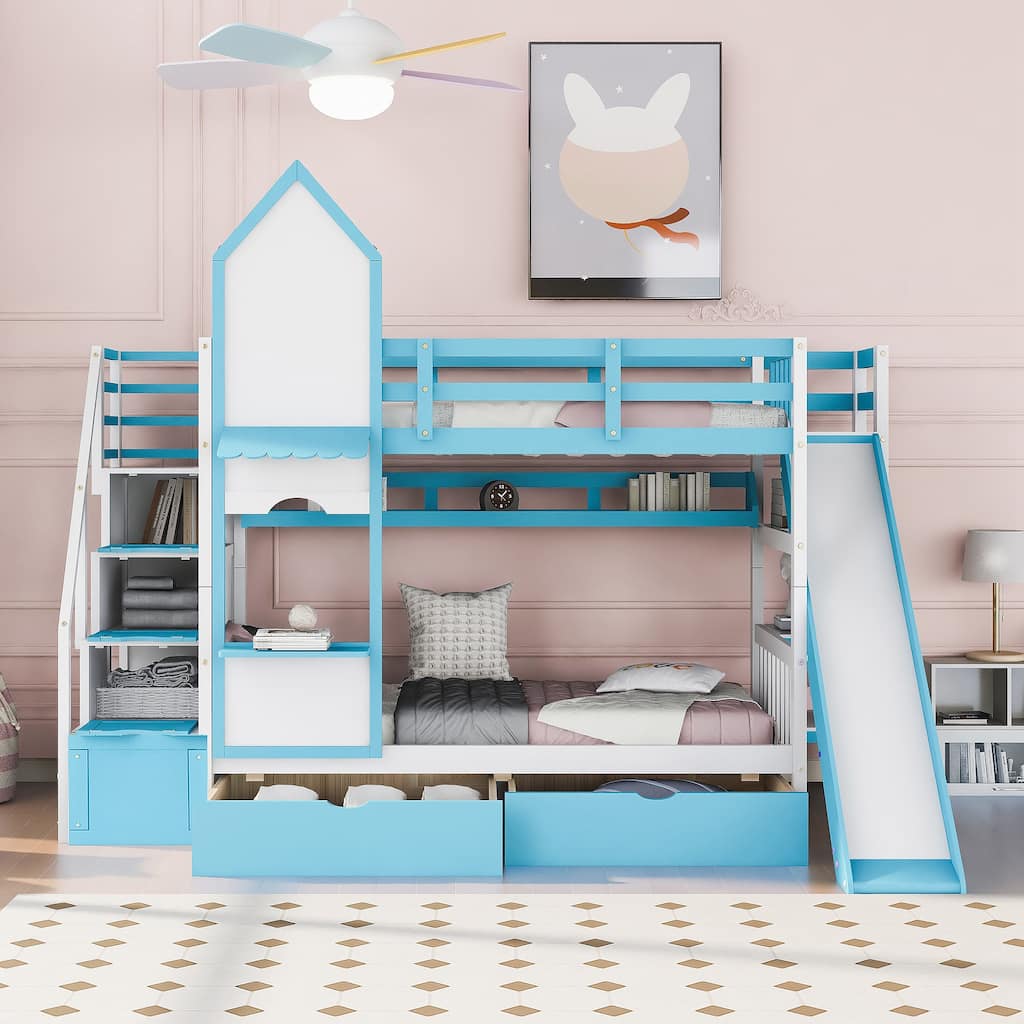 Twin-Over-Twin Wood Bunk Bed with Drawers, Shelves and Slide