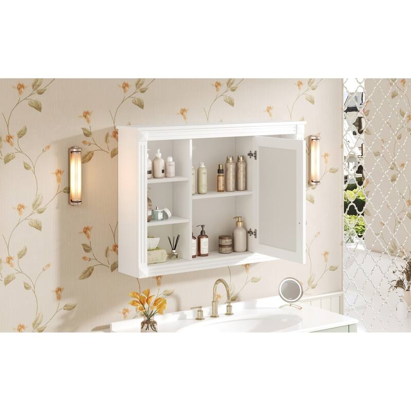 Roomfitters 42 Inch Wall Mounted Medicine Cabinet, Mirror Storage with 6 Open Shelves & Adjustable Interior Shelf, White