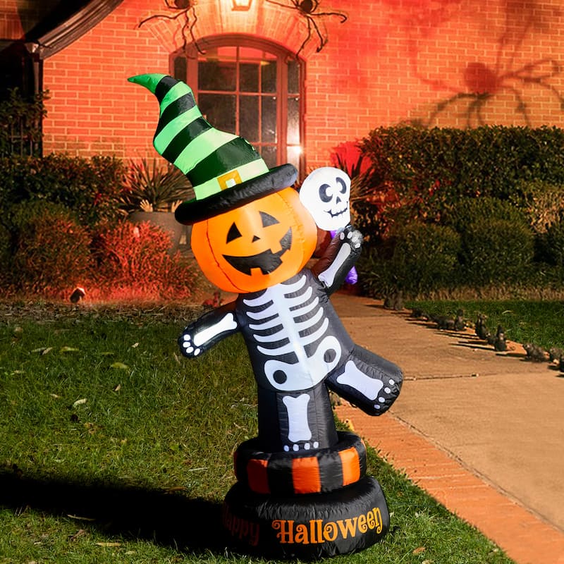 Glitzhome 6FT Lighted Halloween Jack-O-Lantern Skeleton Rotating Inflatable Decor