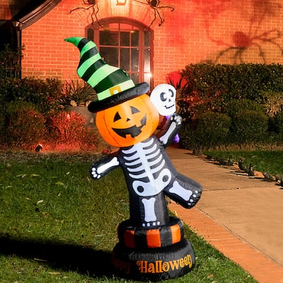 Glitzhome 6FT Lighted Halloween Jack-O-Lantern Skeleton Rotating Inflatable Decor