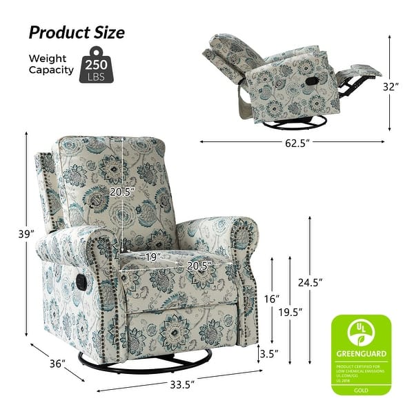 dimension image slide 9 of 13, Roderich Farmhouse Floral Print Swivel Rocker Recliner with Rolled Arms Set of 2 by HULALA HOME