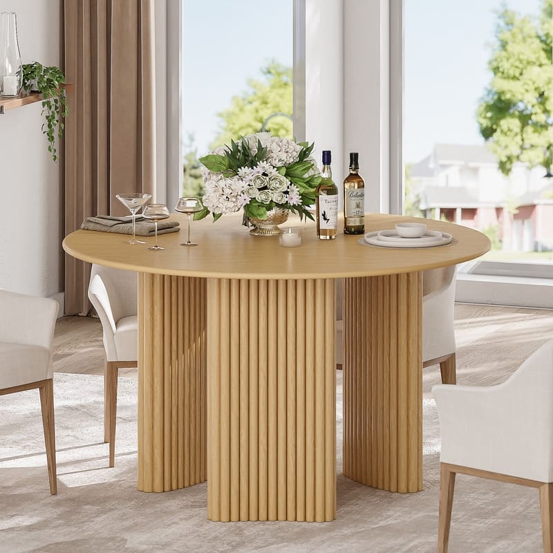 46" Round Dining Table Kitchen Table for 4 with Arc-Shaped Edge Top and Fluted Pedestal Legs for Living Room Dining Room Coffee