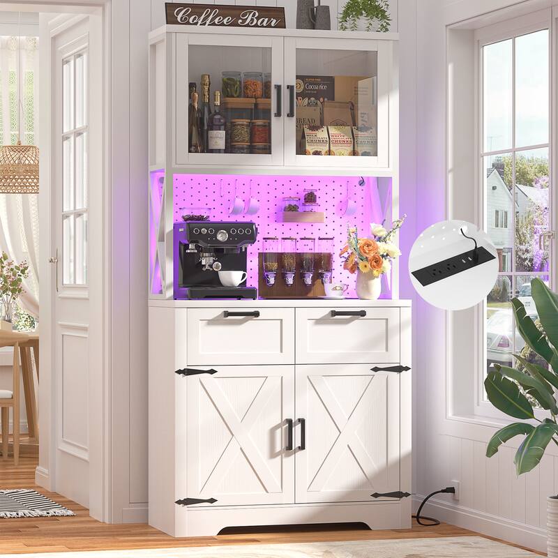 71" Kitchen Pantry Storage Cabinet with LED Light & Power Outlet, Freestanding Buffet Cabinet with Microwave Stand and Doors - White
