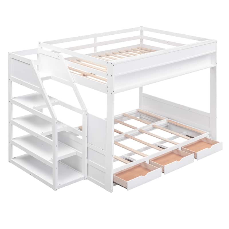 Wood Full Size Convertible Bunk Bed w/Storage, Bedside Table&3 Drawers ...