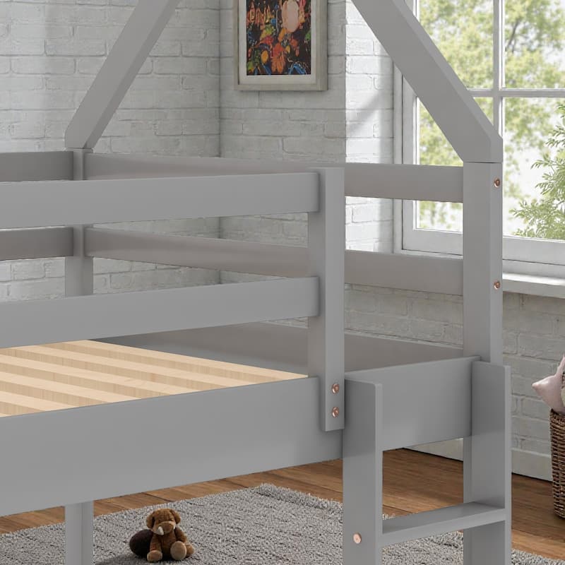 Twin over Twin Low Bunk Bed House Frame with Ladder, Kids Wooden Bunk Bed, Pine Wood and MDF, No Box Spring