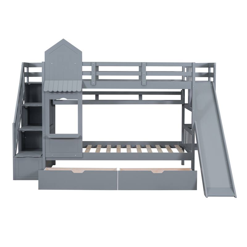 Roomfitters Twin Over Twin Castle Bunk Bed with Slide and Storage Stairs, Playhouse Design