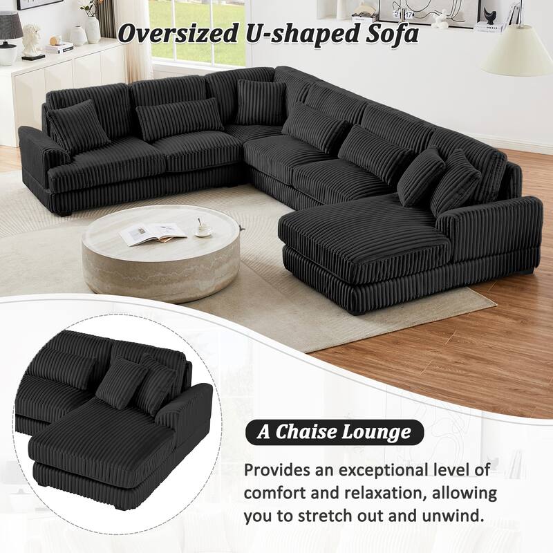 U-Shaped Sectional Sofa with Chaise Lounge, Oversized Corduroy Upholstered Sofa, 5 Seater Sofa with Removable Throw Pillows