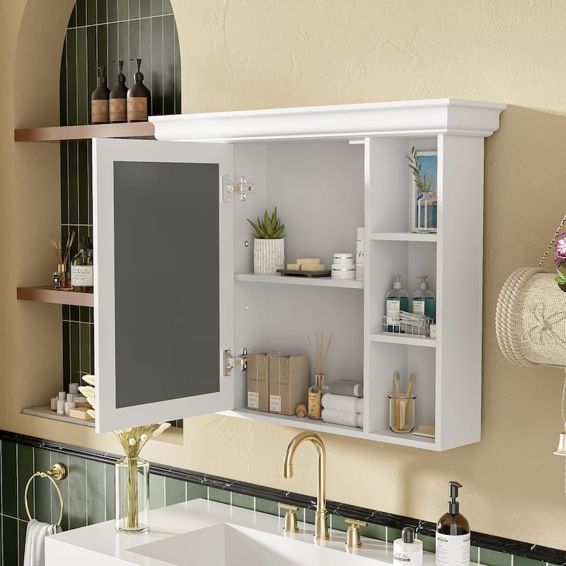 Roomfitters 35x28 Inch Wall Mounted Bathroom Storage Cabinet with Mirror Door and 6 Open Shelves